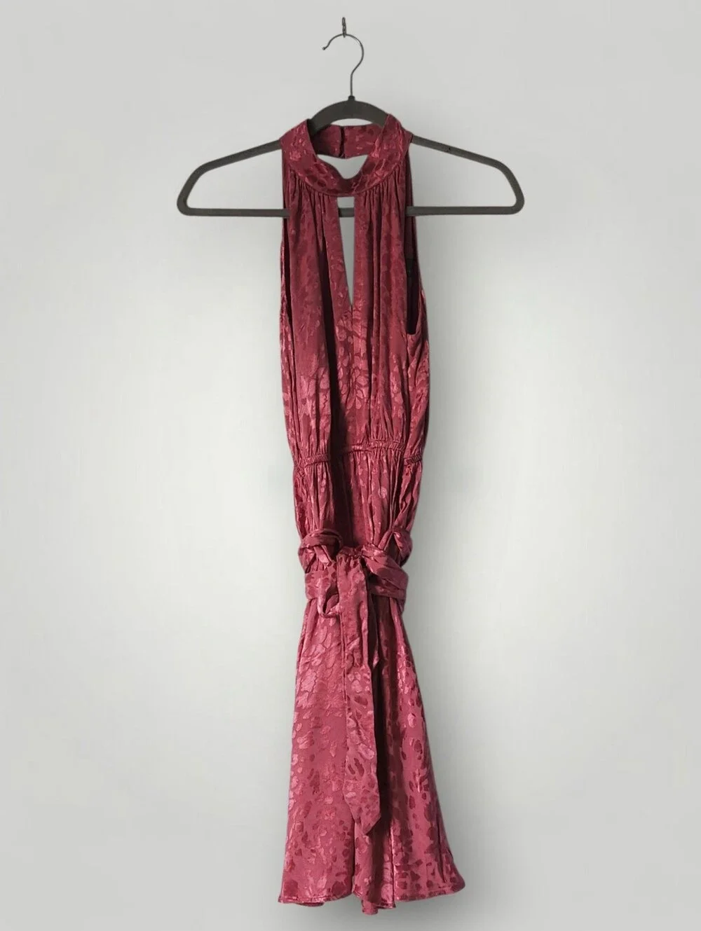 Anthropologie Pink Satin Jacquard Halter Mini Dress Tie Waist‎ Womens XS